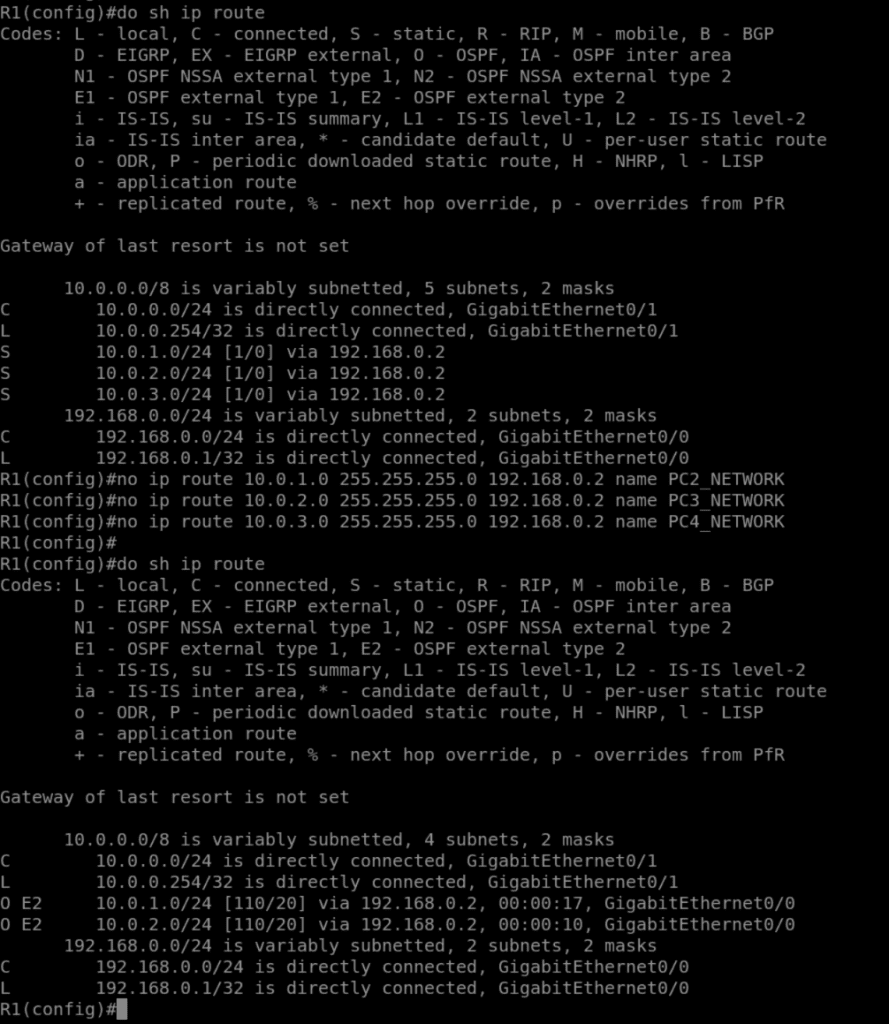 Table de routage après redistribution OSPF