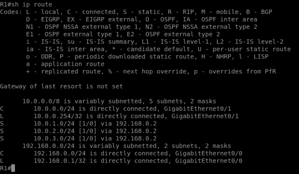 Table de routage R1 avec routes statiques