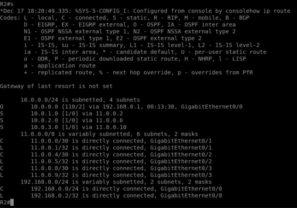 Table de routage R2 avec routes statiques
